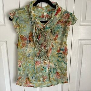 Lapis Womens Sheer Ruffle Sleeveless Watercolor Pleated Top Sz M Cottagecore